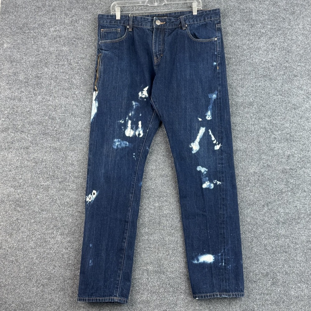 Embellish NYC Selvedge Jeans Mens 38x32 Blue Bleach Splatter Distressed Side Zip